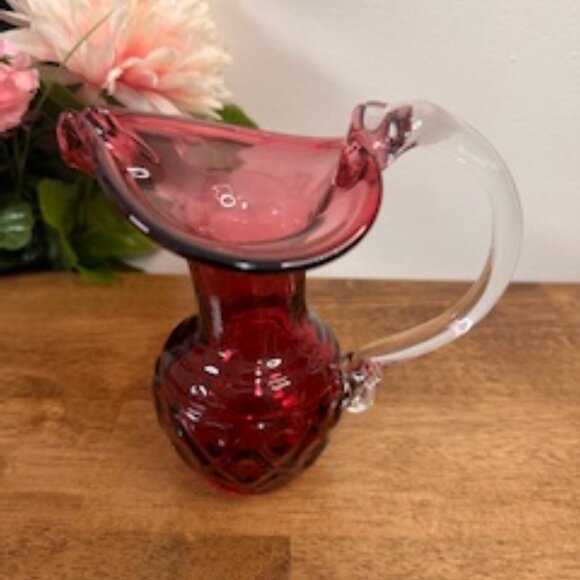 Vintage Cranberry Diamond Pattern Glass Pitcher‎ – Sculptural Handle Mid-Century - Picture 2 of 6